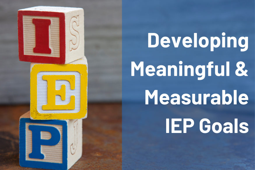 Course title, "Developing Meaningful and Measurable IEP Goals" and picture of three blocks stacked on each other with "I" on top, "E" in the middle, and "P" on bottom.
